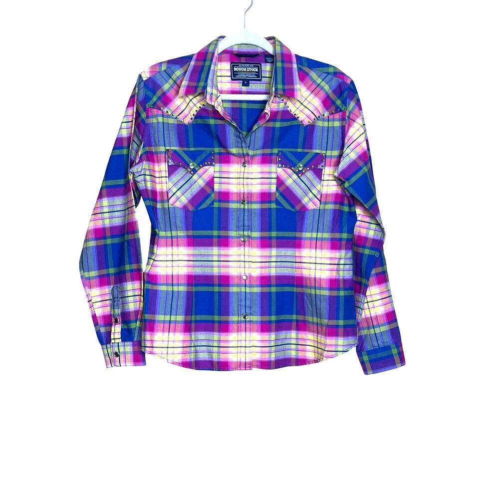 Rough Stock womens size L shirt plaid purple/pink pearl snap western style